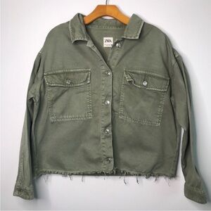 ZARA WOMENS JACKET GREEN CHINO CROPPED OVERSIZE MEDIUM